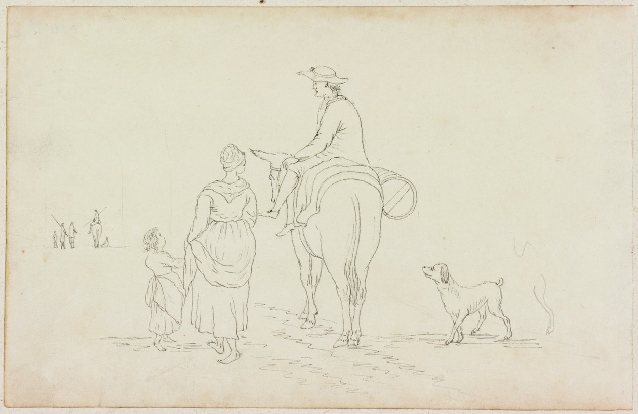 Mand på æsel, med kvinde, barn og hund (blyant på papir (på papir med M755)) af William Beilby