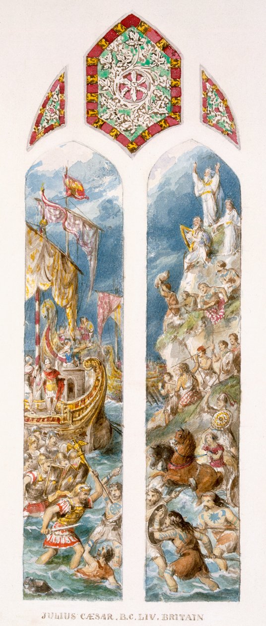 Julius Cæsar ankommer til Storbritanniens kyster, 54 f.Kr., i trimarener, bliver angrebet af briter malet i woad, ca. 1880 af William Bell and Boyd, Alice Scott