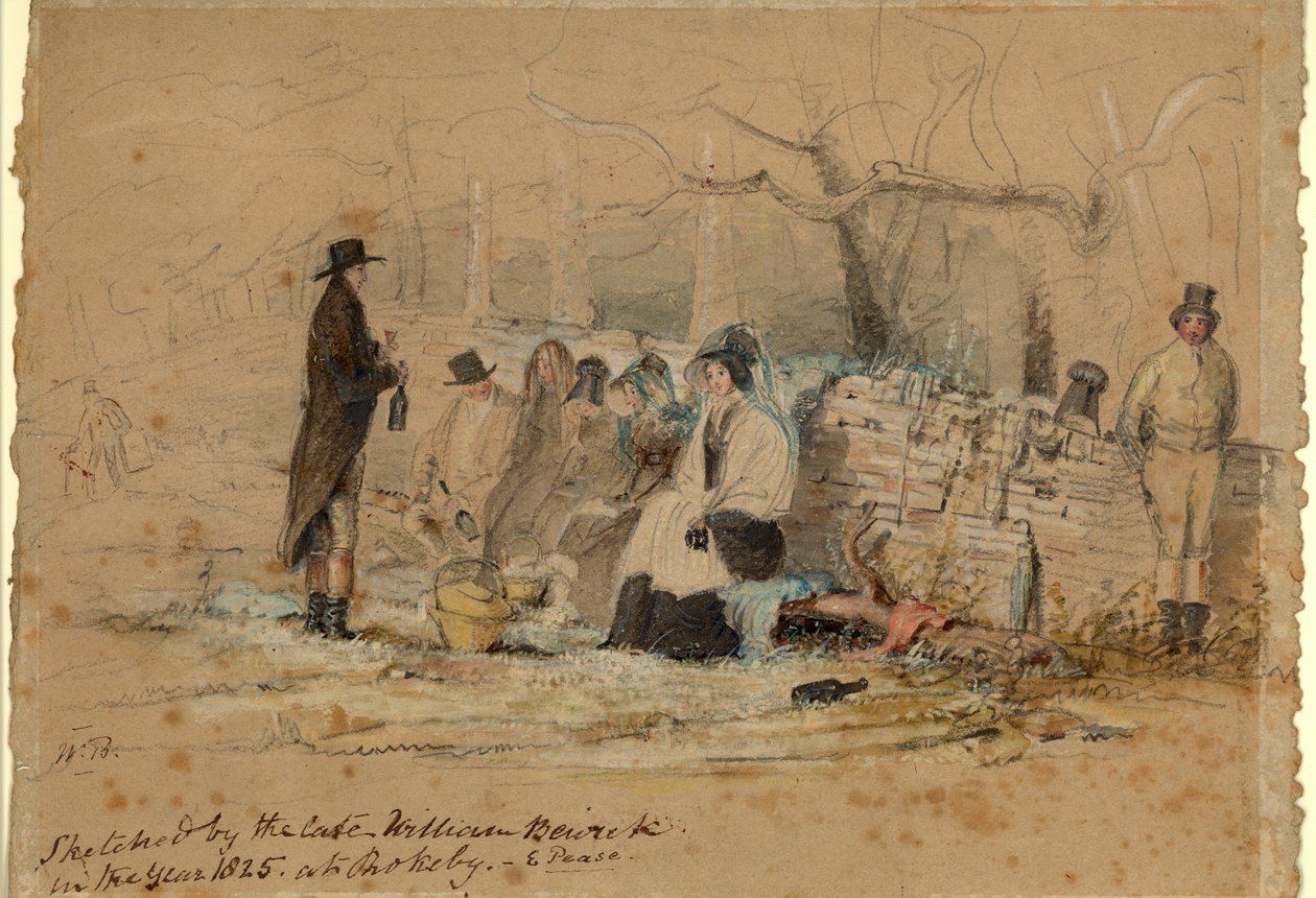 The Rokeby Picnic, 1825 (kropsfarve, blyant og wc på papir) af William Bewick