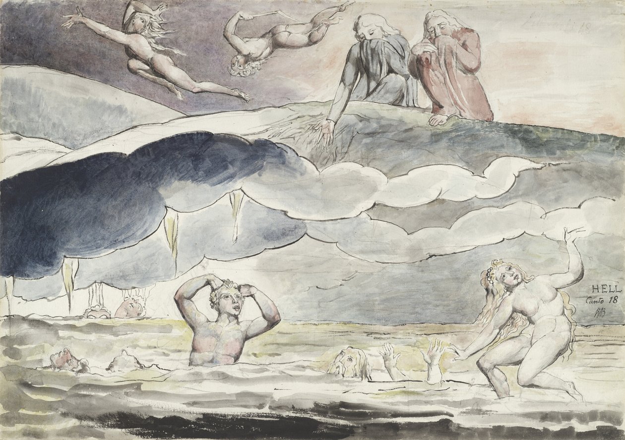 Dante og Virgil stirrer ind i smigrernes grøft, illustration til "Den guddommelige komedie" af Dante Alighieri, 1824-27 af William Blake
