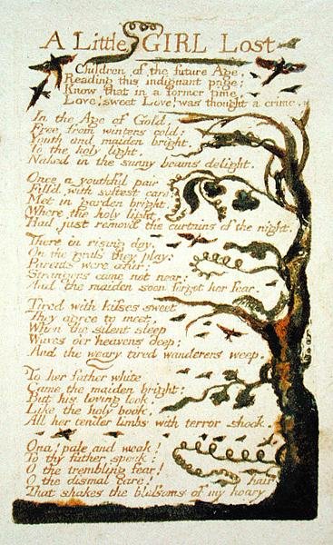 A Little Girl Lost, plade 43 fra Songs of Experience, 1789 (farvetrykt relief ætsning med wc på papir) af William Blake