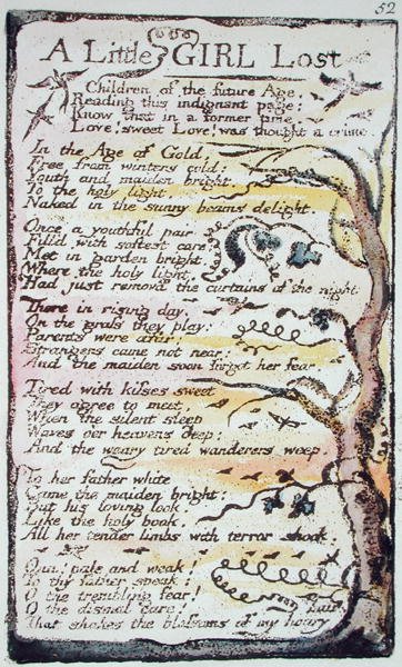 A Little Girl Lost, plade 52 (Bentley 51) fra Songs of Innocence and of Experience (Bentley Copy L) 1789-94 (hævet radering med pen og wc) af William Blake