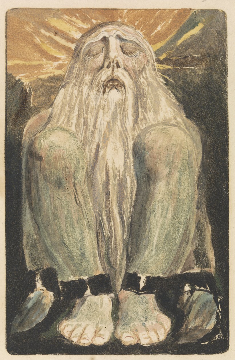 En nøgen mand med et langt hvidt skæg sidder på jorden med knæene oppe og lukkede øjne, plade 12 fra The First Book of Urizen, 1794 (relief ætsning med wc) af William Blake