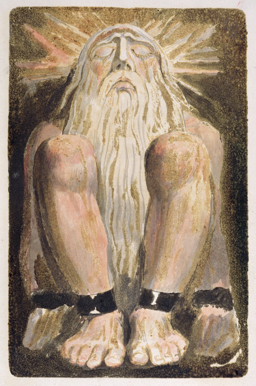 En nøgen mand med et langt, hvidt skæg, planche 3 fra "The First Book of Urizen", 1794 (farvetrykt reliefradering med blæk og wc på papir) af William Blake