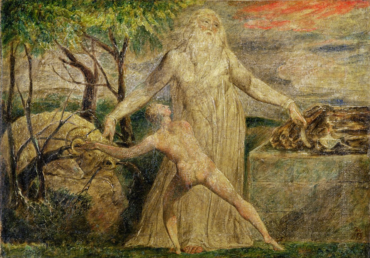 Abraham og Isaac, 1799-1800 (tempera, pen og blæk på lærred) af William Blake