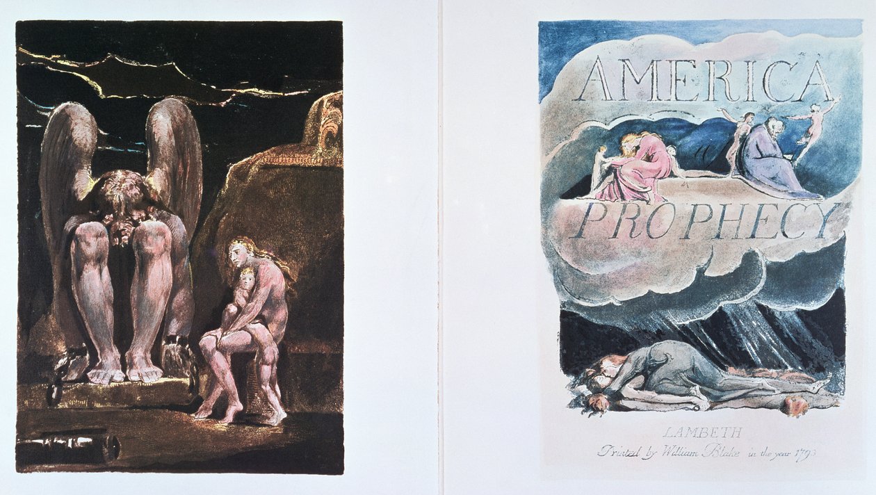 America a Prophecy: frontispice og titelblad, der viser Orc, legemliggørelsen af energi, 1793 (reliefætsning med hvid streggravering og akvarel) af William Blake