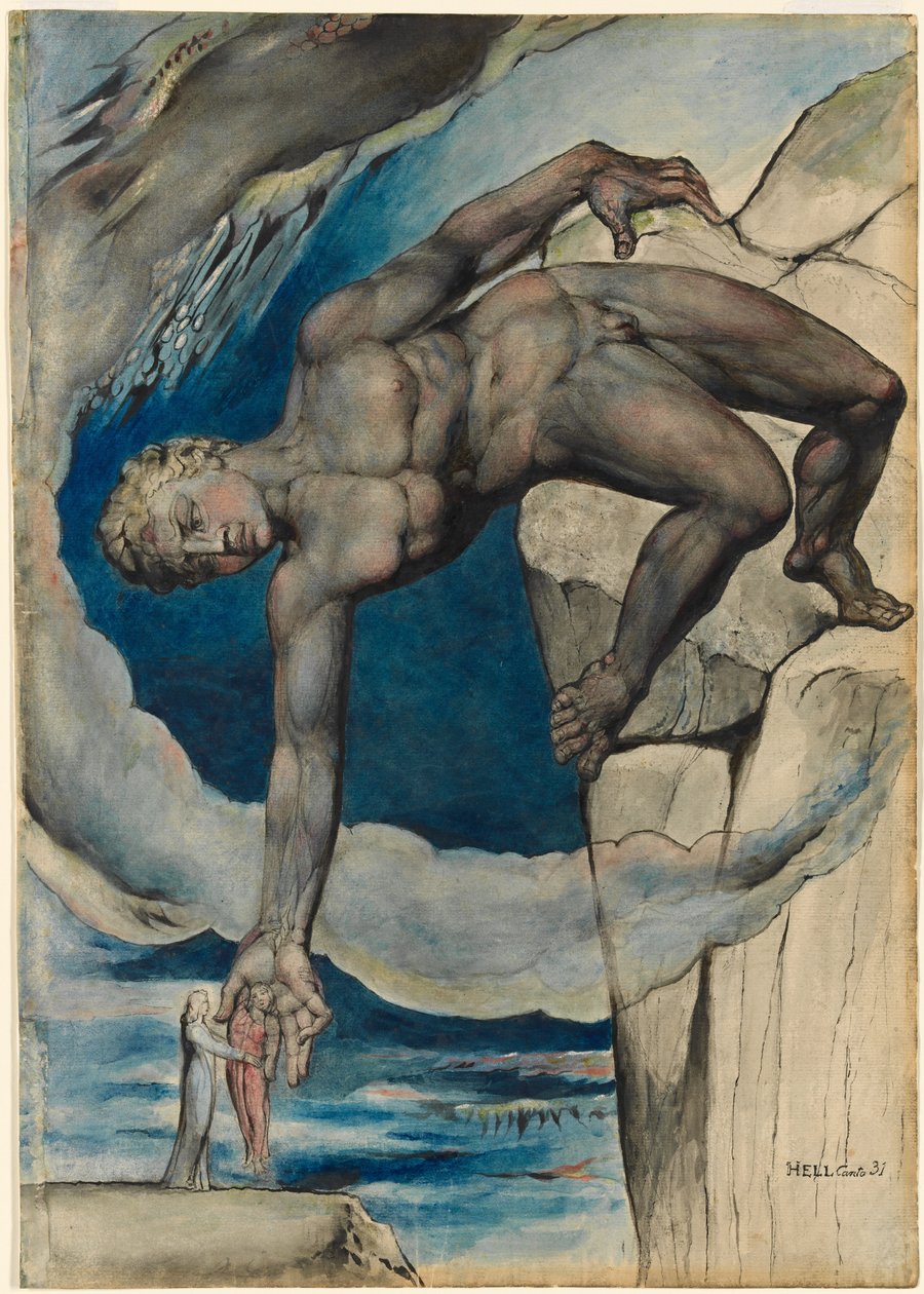Antaeus satte Dante og Virgil ned i sidste helvede -cirkel af William Blake
