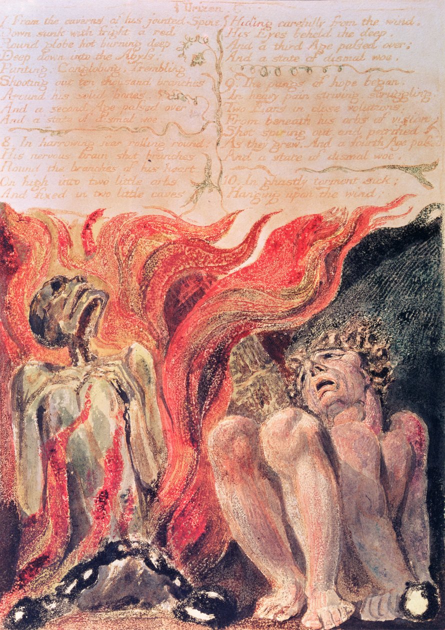 Urizens bog; fra hulerne i hans leddede rygsøjle, 1794 (farvetrykt reliefætsning) af William Blake