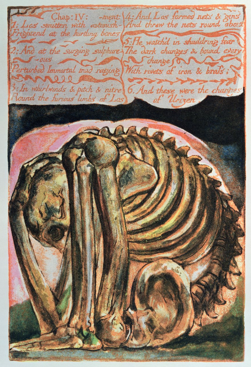 Urizens bog; skabelsen af Urizen i materiel form af Los, 1794 (farvetrykt reliefætsning) af William Blake