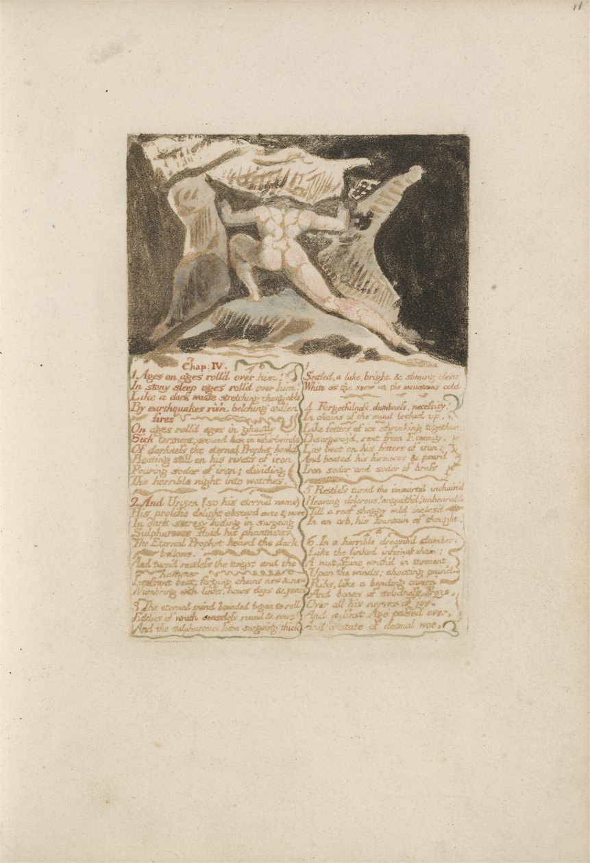 Kap: IV, Ages on ages rullet over ham..., plade 13 fra The First Book of Urizen, 1794 (farvetrykt relief ætsning med blæk og wc) af William Blake