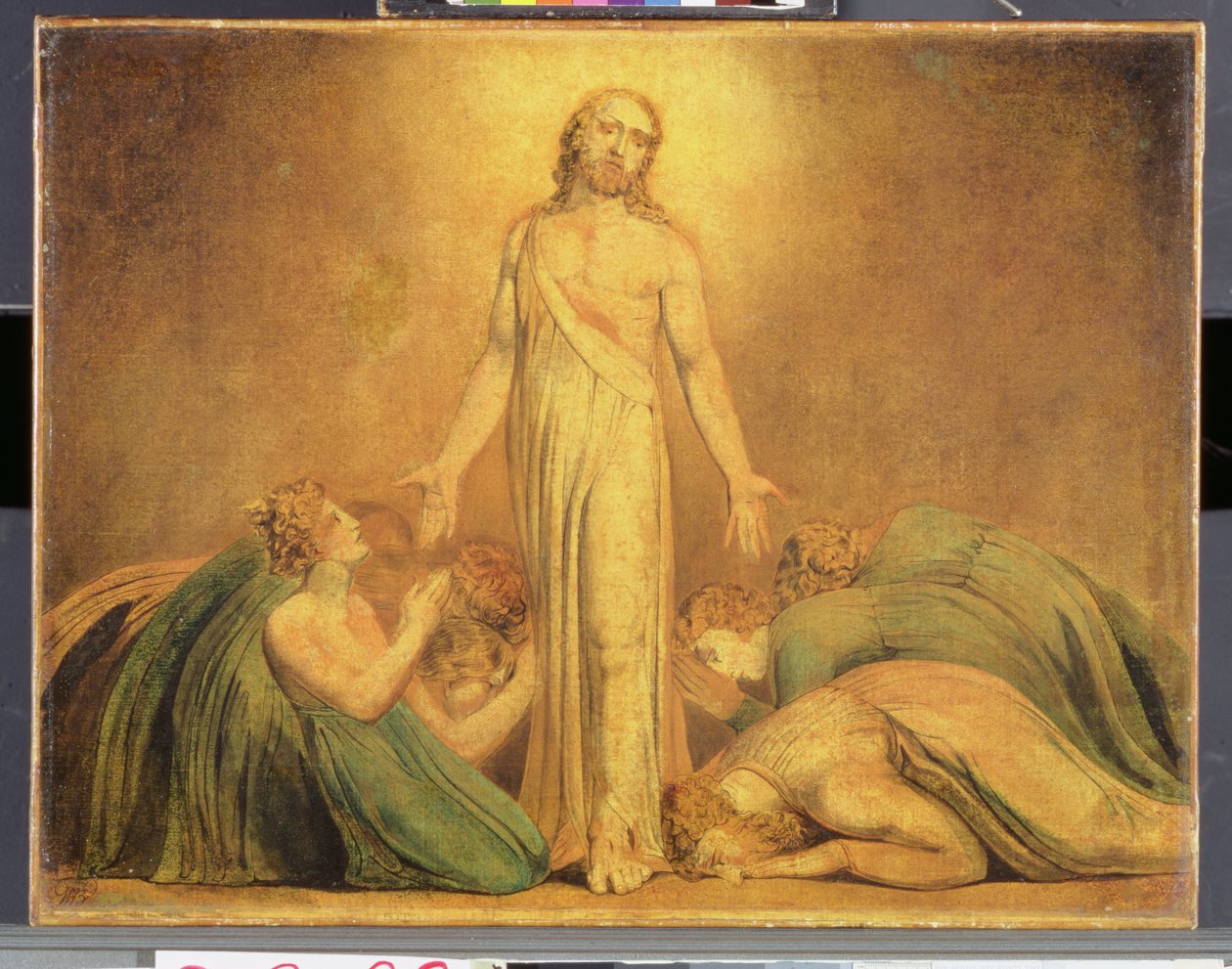 Kristus viser sig for apostlene efter opstandelsen, 1795-1805 (farvetryk med wc og pen og blæk på papir) af William Blake