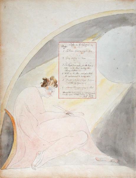 Indholdsside til Ode om foråret, fra Thomas Grays digte, udgivet i 1797-98 (wc med pen og sort blæk på papir) af William Blake