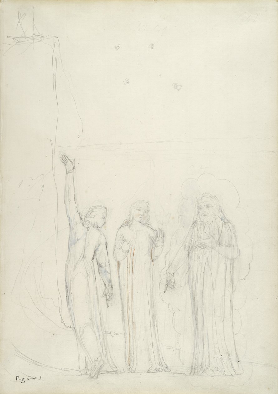 Dante, Virgil og Cato, illustration til den guddommelige komedie af Dante Alighieri, 1824-27 (blyant med blæk & wc på papir) af William Blake