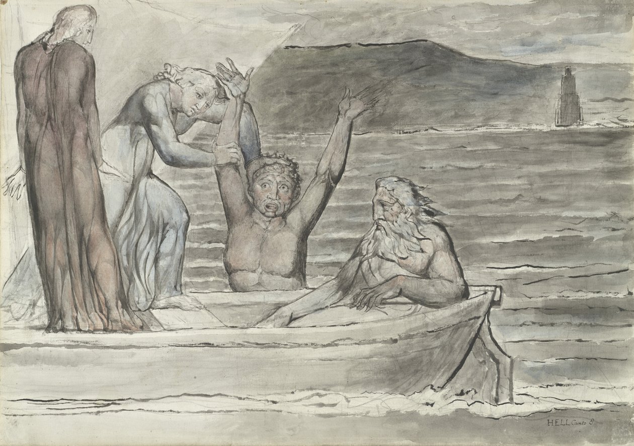 Dante og Virgil in the Skiff of Phlegyas hyldes af Filippo Argenti, illustration til den guddommelige komedie af Dante Alighieri, 1824-27 (pen & blæk med wc over blyant og kridt på papir) af William Blake