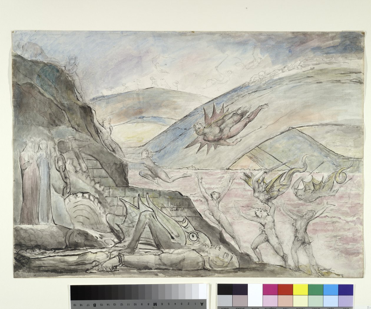 Dæmoner, der plager forførerne fra Malebolge, illustration til den guddommelige komedie af Dante Alighieri, 1824-27 (pen og blæk med wc over blyant og kridt på papir) af William Blake