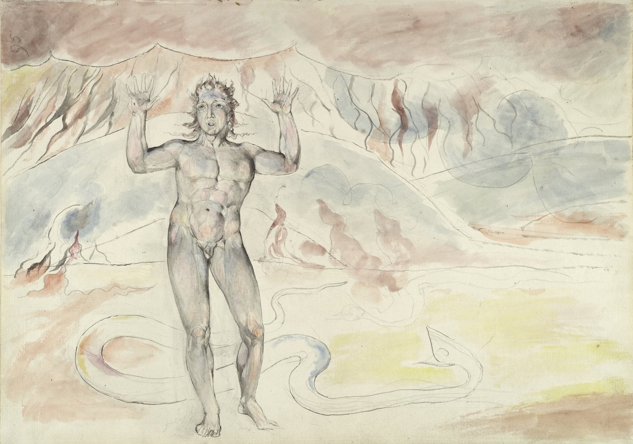 Donati forvandlet til en slange; Francesco deCavalcanti omdannet til en mand, illustration til den guddommelige komedie af Dante Alighieri, 1824-27 (pen & blæk med wc over blyant og kridt på papir) af William Blake
