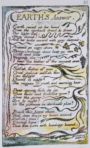 Earths Answer, plade 32 (Bentley 31) fra Songs of Innocence and of Experience (Bentley Copy L) 1789-94 (reliefætsning med pen og wc) af William Blake
