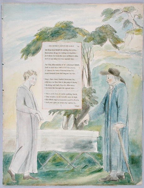 Elegi skrevet i en landlig kirkegård, design 113 fra The Poems of Thomas Gray, 1797-98 (wc med pen og blæk på papir) af William Blake