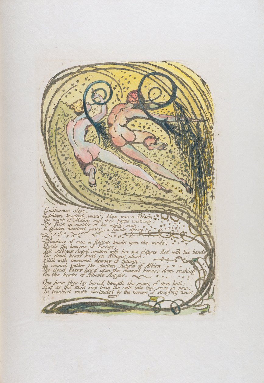 "Enitharmon sov...", planche 10 fra "Europa: A Prophecy", 1794 (reliefradering trykt i mørkebrun) af William Blake