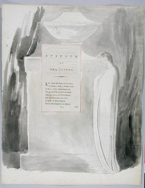 Epitafium over Mrs. Clarke, design 103 fra The Poems of Thomas Gray, 1797-98 (wc med pen og blæk på papir) af William Blake