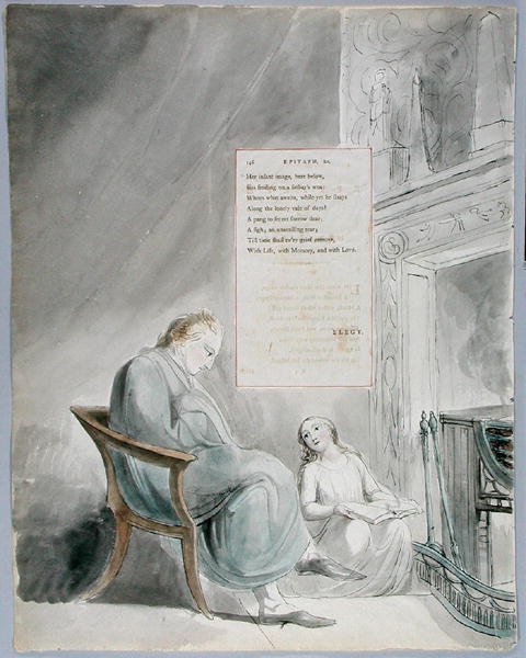 Epitafium over Mrs. Clarke, design 104 fra The Poems of Thomas Gray, 1797-98 (wc med pen og blæk på papir) af William Blake