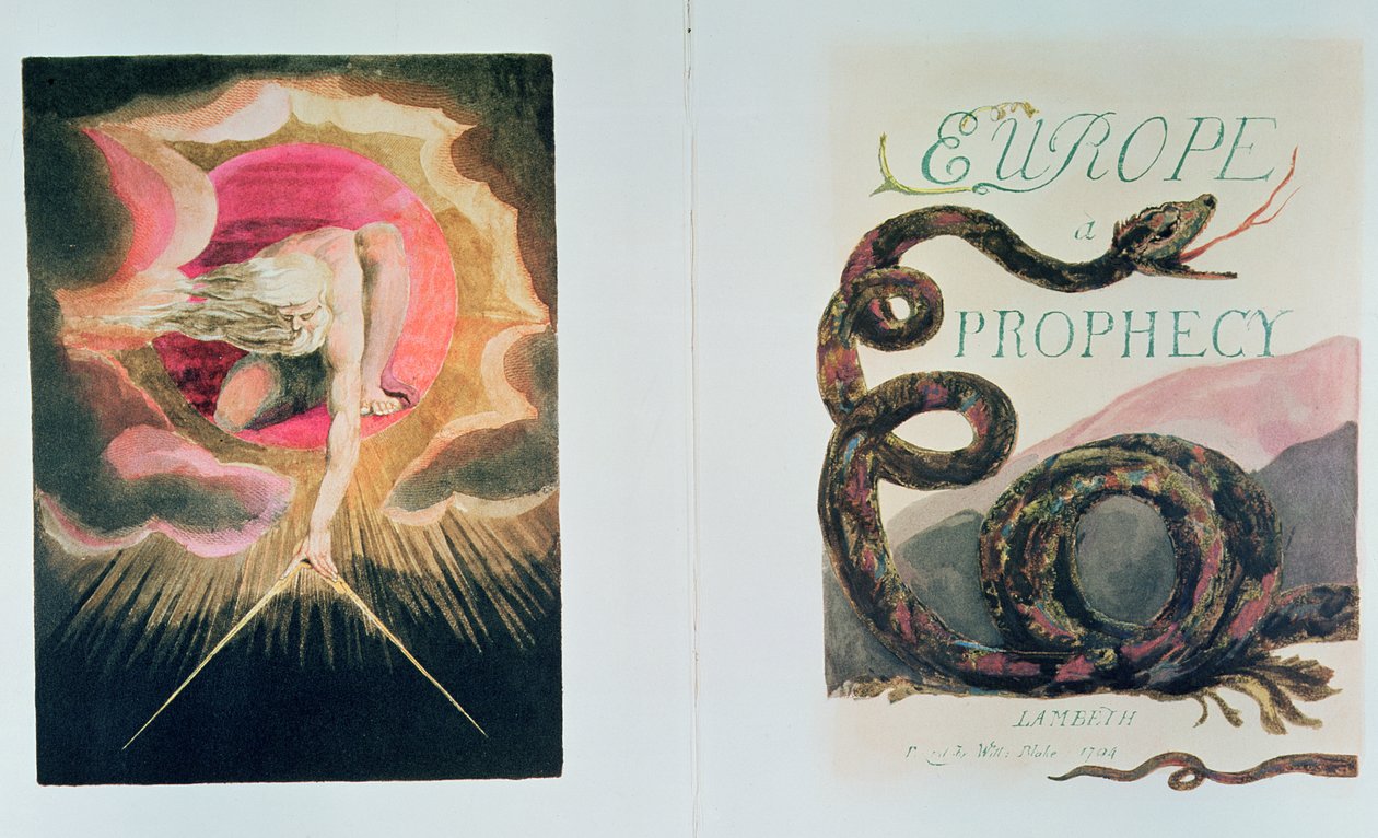 Europa en profeti; Venstre til højre frontispice og titelblad; Gud skaber universet (Skabelsen af den materielle verden af Jehova i skikkelse af Urizen, legemliggørelsen af fantasiløs fornuft), af William Blake