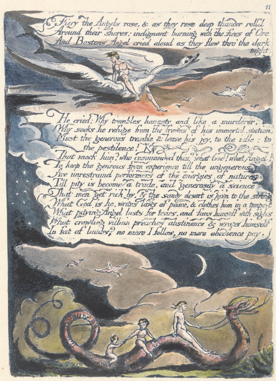 Fiery Angels rose..., plade 13 fra Amerika: A Prophecy, 1793 (reliefætsning trykt i blåt med pen & blæk og wc) af William Blake