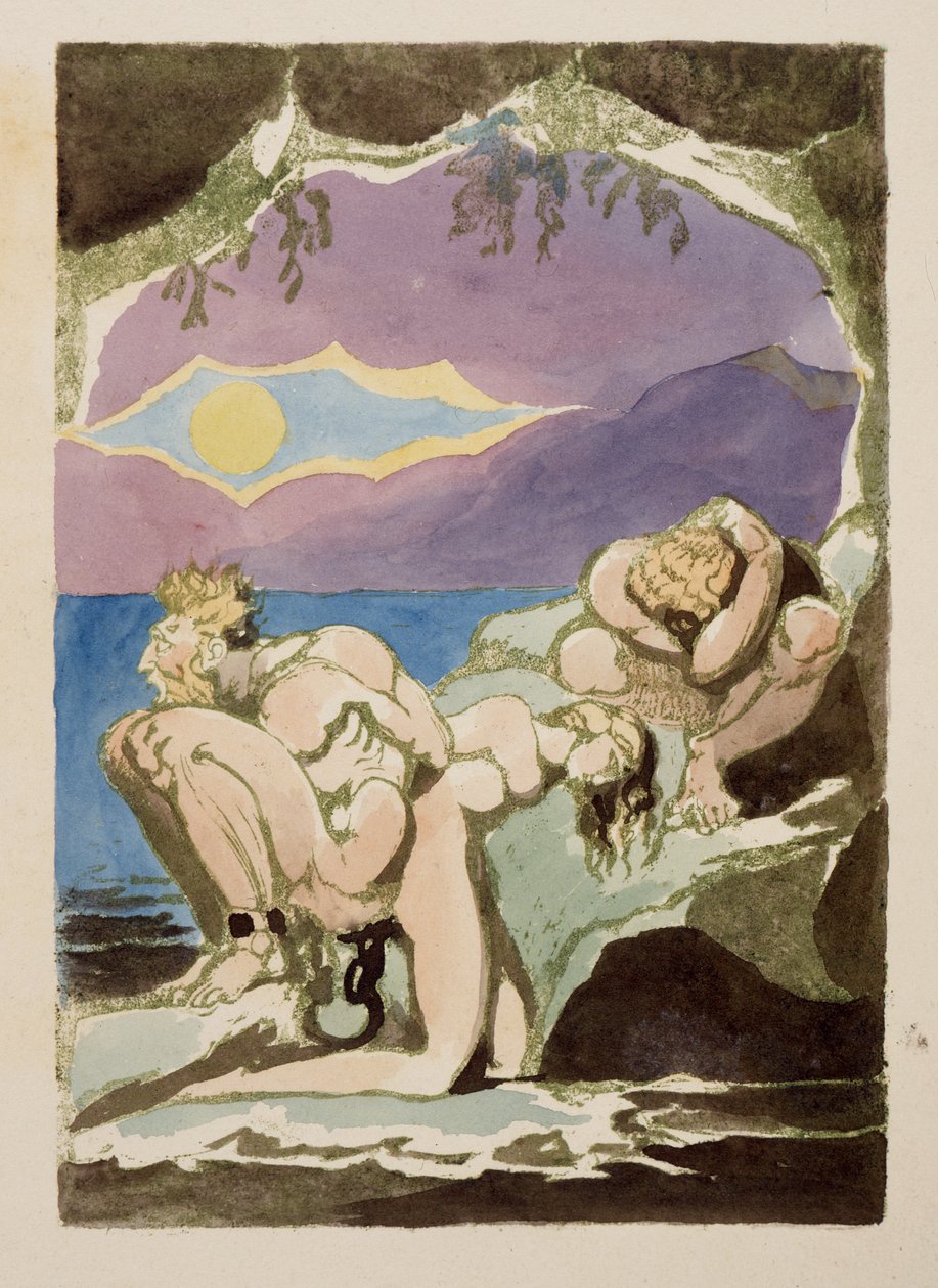 Figurer på klipper, over dem dukker en sol op i et brud af tunge skyer, fra Visions of the Daughters of Albion, 1793 (relief ætsning med wc) af William Blake