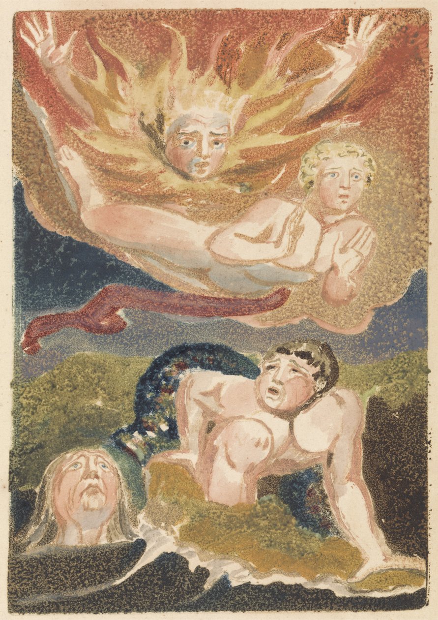 Fire nøgne mænd, der dukker op fra deres elementer: flammer, himmel, hav og grøn jord, plade 22 fra The First Book of Urizen, 1794 (relief radering med wc) af William Blake