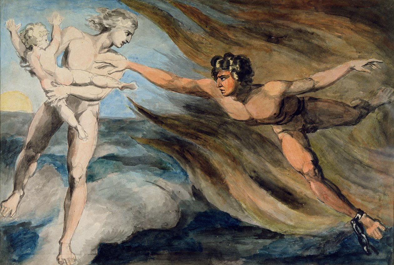 Gode og onde engle kæmper om et barns besiddelse, ca.1793-94 (wc, pen og blæk på papir) af William Blake