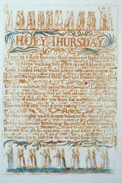 Helligtorsdag, plade 23 fra Songs of Innocence, 1789 (reliefradering med wc) af William Blake