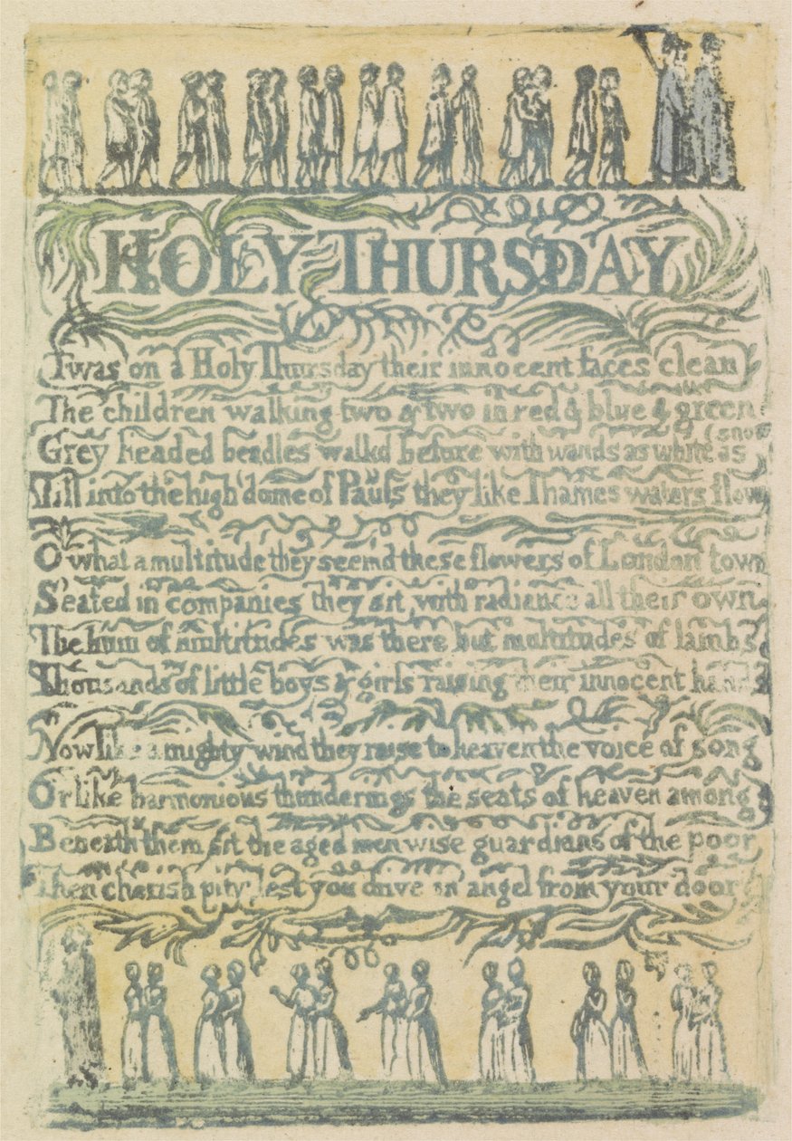 Helligtorsdag, plade 24 fra Songs of Innocence, 1789 (håndfarvet relief ætsning med akvarel) af William Blake
