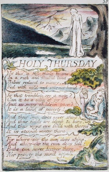 Helligtorsdag, plade 38 (Bentley 33) fra Songs of Innocence and of Experience (Bentley Copy L) 1789-94 (reliefradering med pen og wc) af William Blake