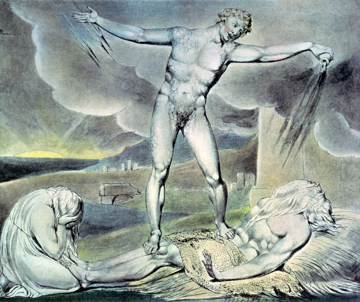 Illustrationer af Jobs Bog; Satan slår Job med ømme bylder, 1825 (pen, wc og blyant) af William Blake