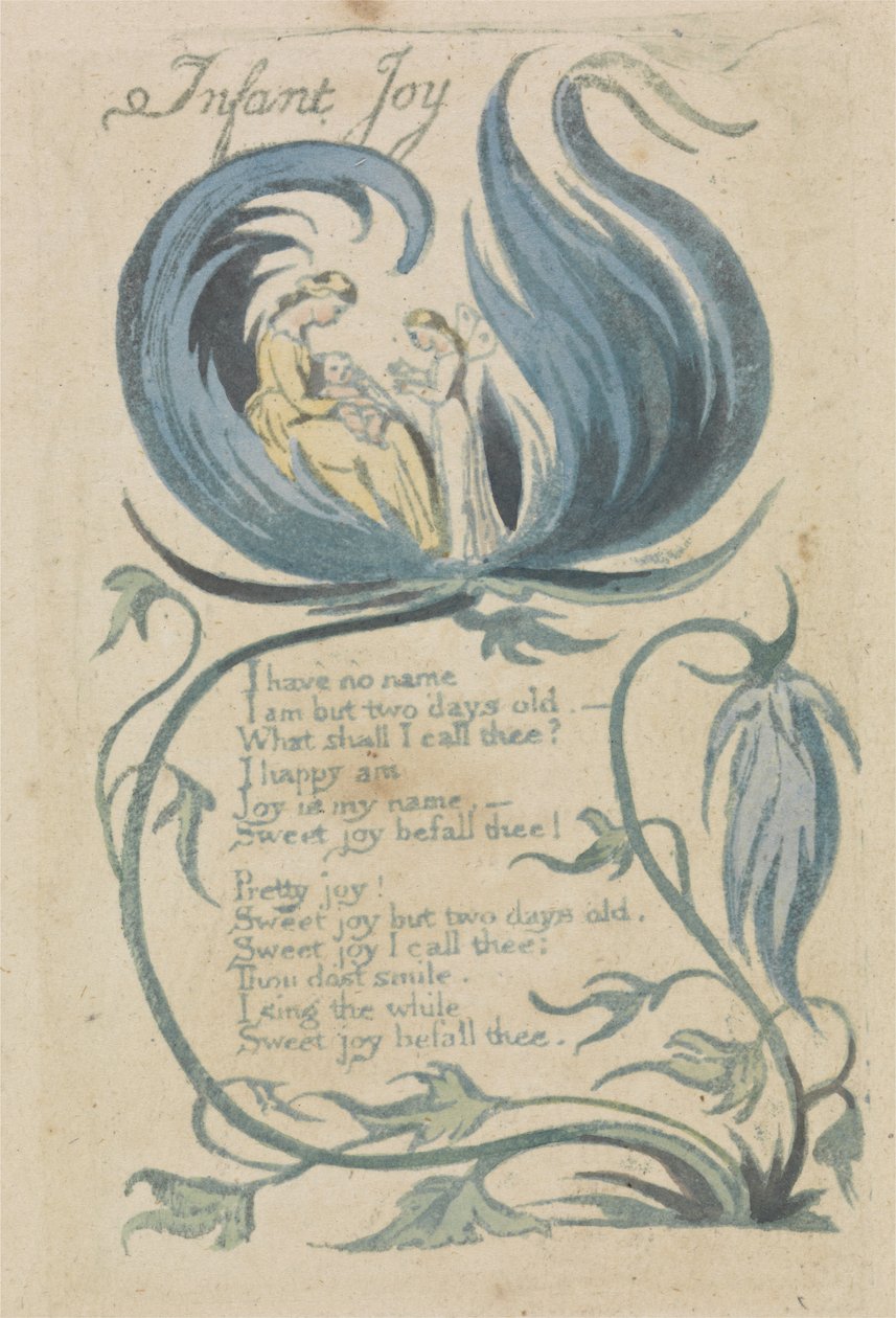 Infant Joy, plade 27 fra Songs of Innocence, 1789 (håndfarvet reliefradering med wc på papir) af William Blake