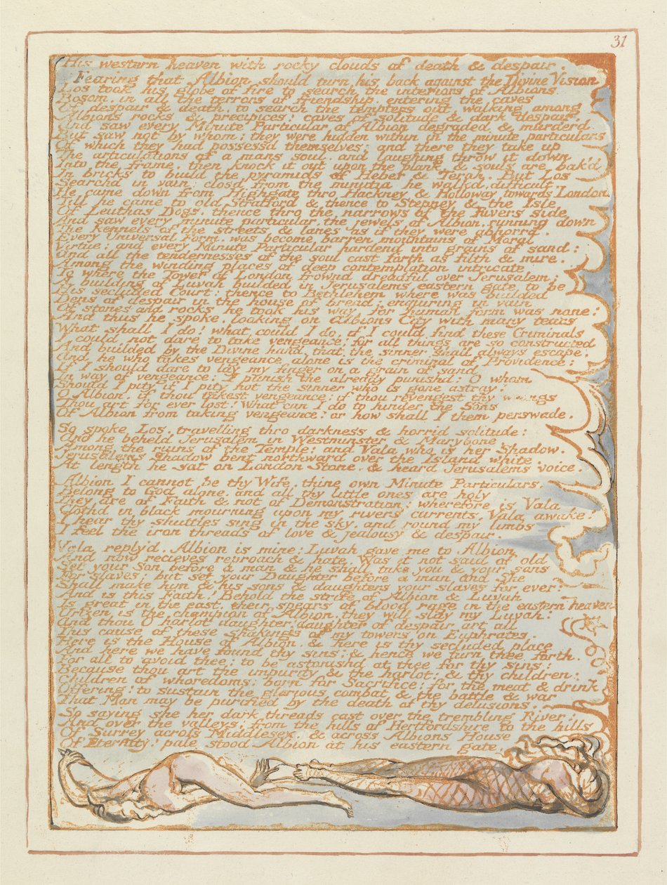 Jerusalem His Western Heaven..., pl.31, fra Jerusalem the Emanation of the Giant Albion af William Blake (1757-1827), 1804-1820 (relief ætsning med pen og wc på papir) af William Blake