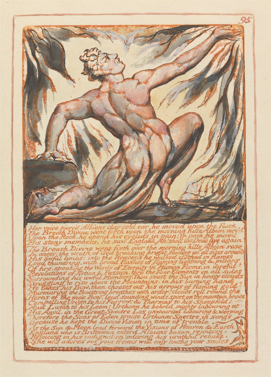 Jerusalem, Plate 95, Hendes stemme gennemborede Albions lerkolde krig .... af William Blake