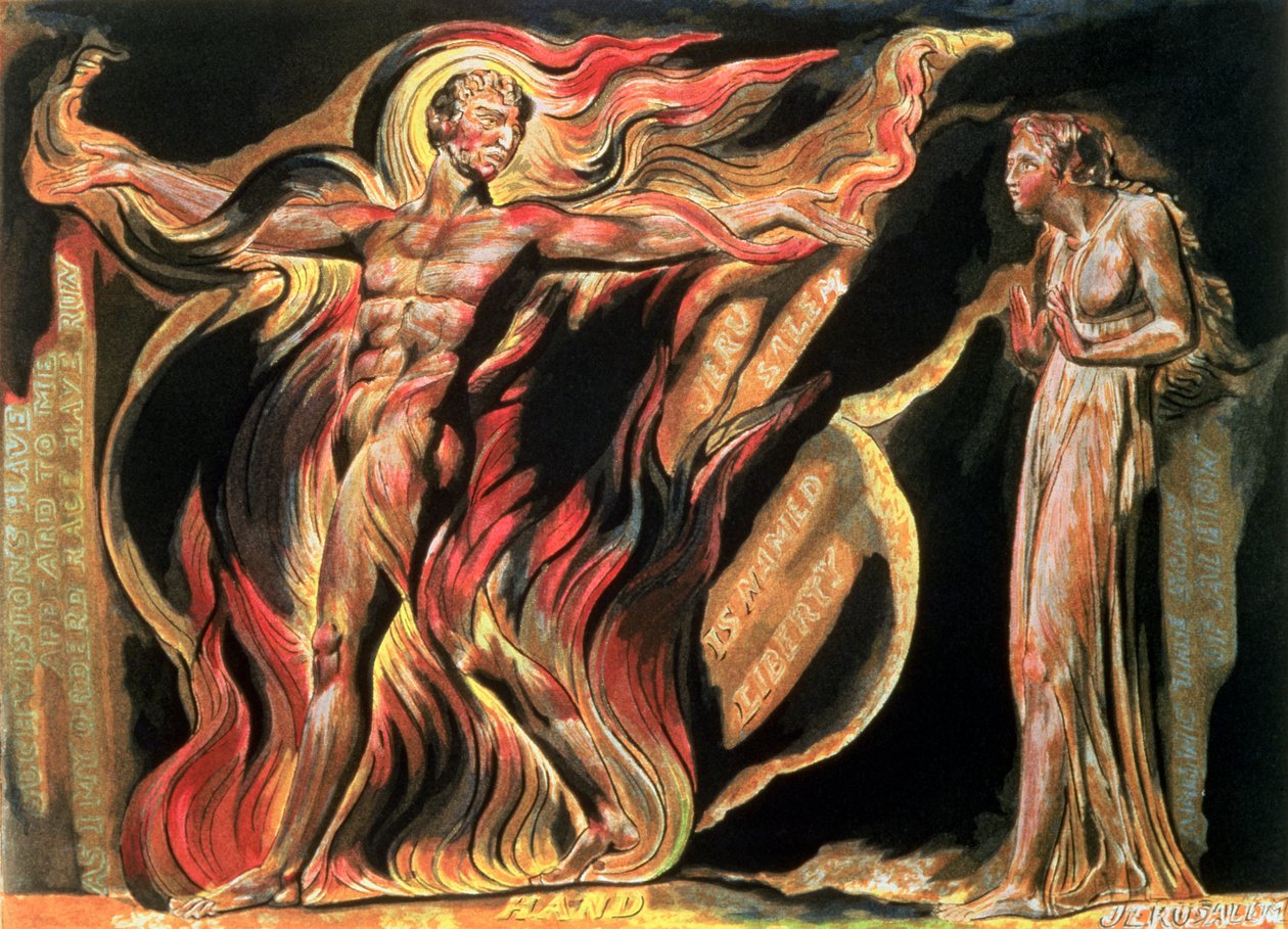 Jerusalem The Giant Albions udstråling; Sådanne visioner er dukket op for mig, 1804 (reliefætsning, hvid streggravering, wc) af William Blake