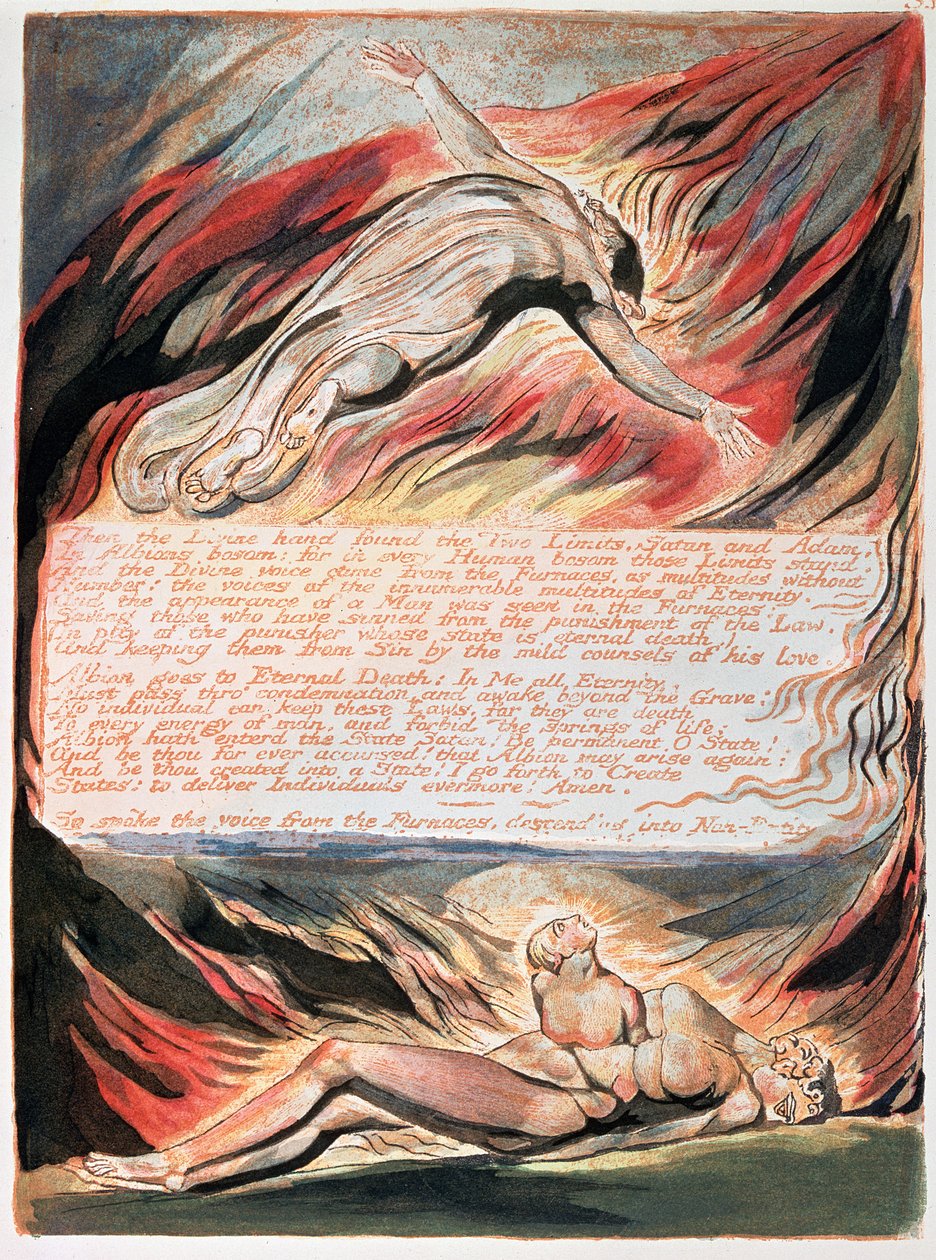 Jerusalem The Giant Albions udstråling; Derefter den guddommelige hånd, der viser Kristus svævende over Albion, inden for hvis skød den guddommelige hånd fandt de to grænser, Satan og Adam, 1804 (reliefætsning af William Blake