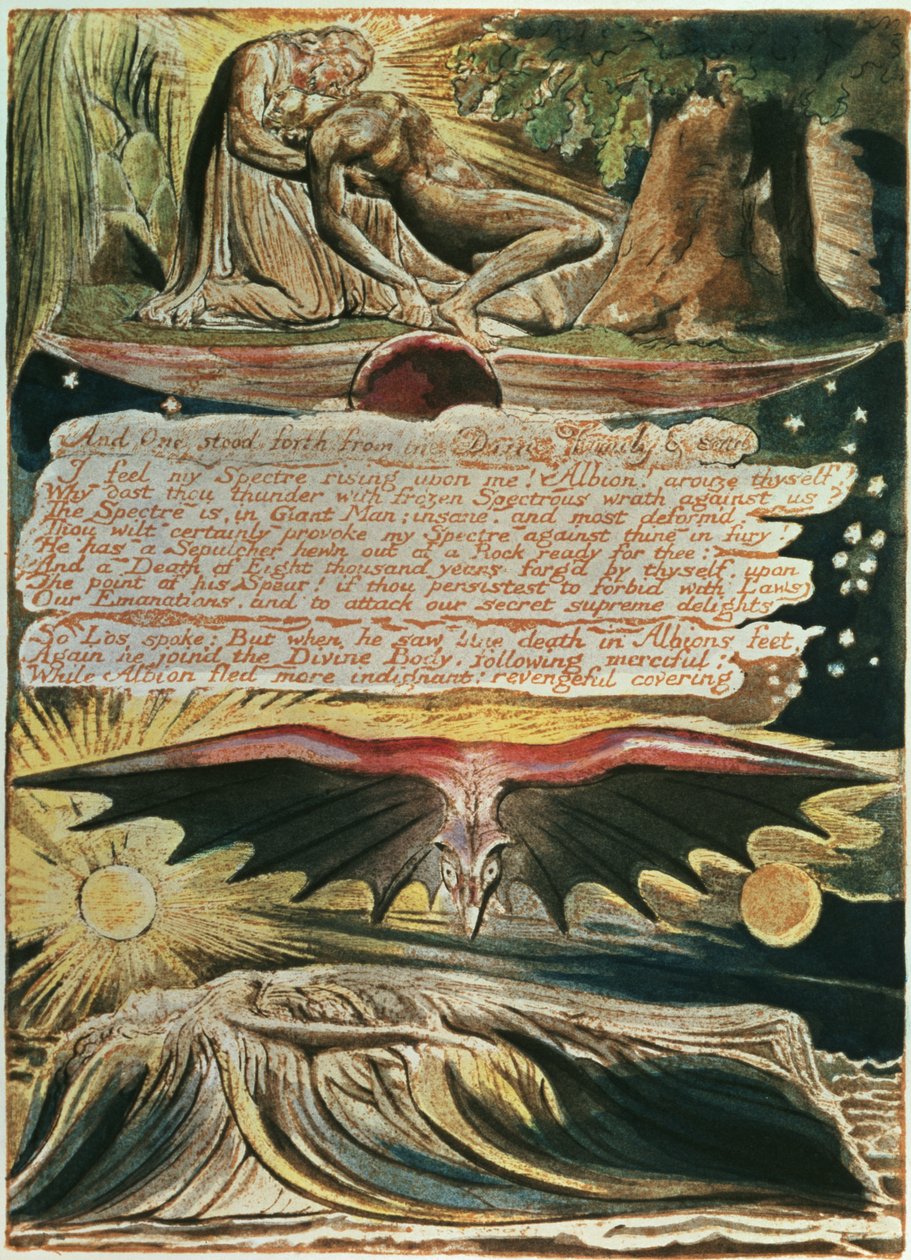 Jerusalem Den Kæmpe Albions udstråling: Og én stod frem, top til bund, Los støttet af Kristus; Albions begravelse i Supulcher, 1804, (reliefætsning, indgravering af hvid streg, wc) af William Blake