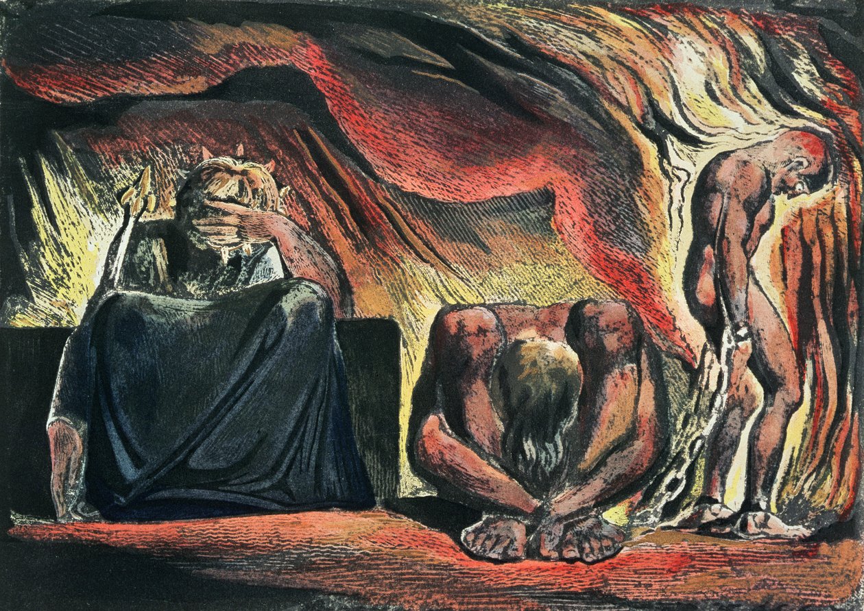 Jerusalem Kæmpealbions udstråling; plade 51 Vala, Hyle og Skofeld, der viser den kronede Vala (det faldne Jerusalem) krumbøjet i fortvivlelse sammen med to af sine akolytter: Hyle (der repræsenterer William H. af William Blake