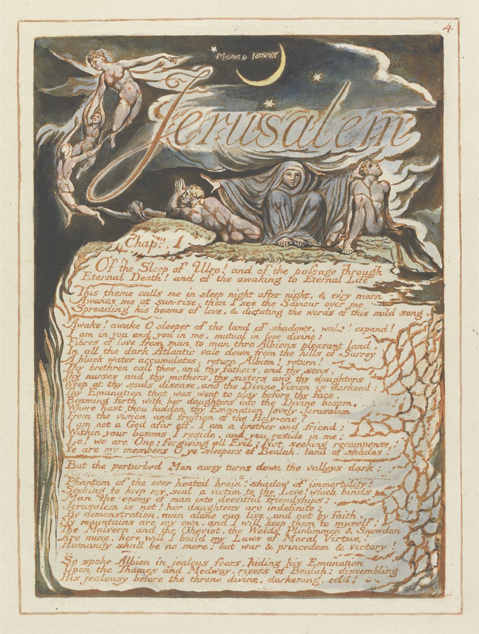Jerusalem, plade 4 fra Jerusalem, 1804-20 (reliefætsning trykt i orange med pen & wc) af William Blake