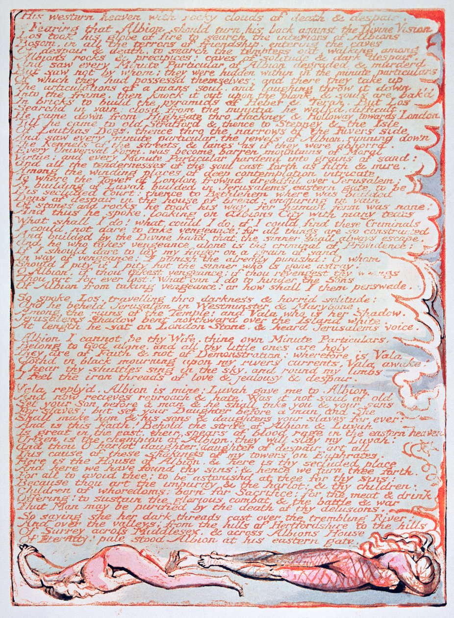 Jerusalem, udstrålingen af den kæmpe albion; Hans vestlige himmel, 1804 (reliefradering med wc) af William Blake