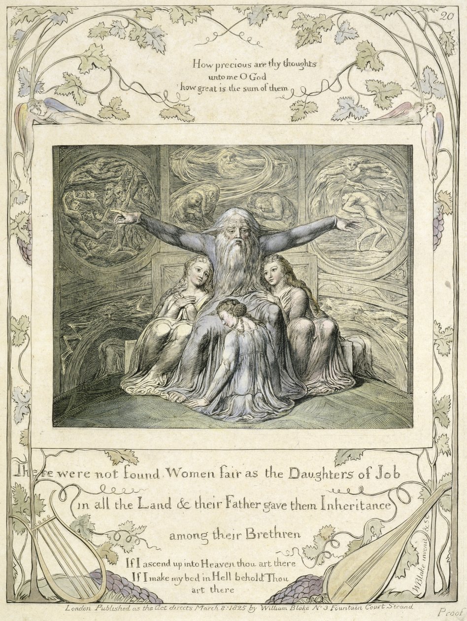 Job og hans døtre (pl.20) fra Jobs Bog, ca. 1793 (håndfarvet streggravering) af William Blake