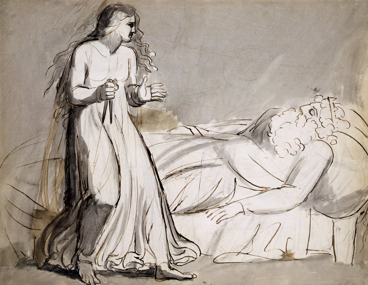 Lady Macbeth nærmer sig den myrdede Duncan (blæk og vask) af William Blake