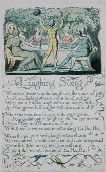 Lattersang, plade 13 fra Songs of Innocence, 1789 (håndfarvet reliefætsning med akvarel) af William Blake