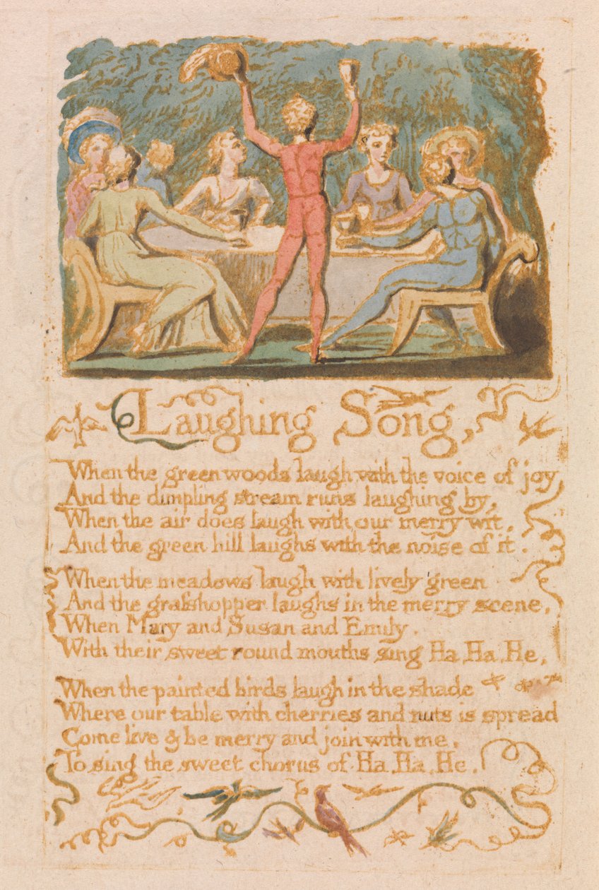 Lattersang, plade 28 fra Songs of Innocence, 1789 (reliefradering med wc) af William Blake