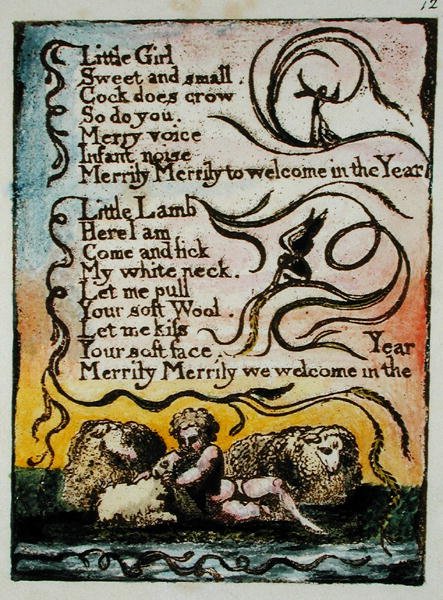 Lille pige... illustration fra Songs of Innocence and of Experience, (Bentley Copy L) pl.12 (Bentley 23) 1789-94 (relief ætsning med pen & wc på papir) af William Blake