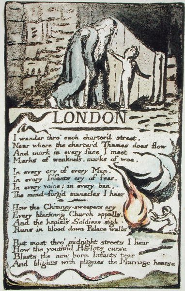 London, plade 51 (Bentley 46) fra Songs of Innocence and of Experience (Bentley Copy L) 1789-94 (forhøjet radering med pen og wc) af William Blake