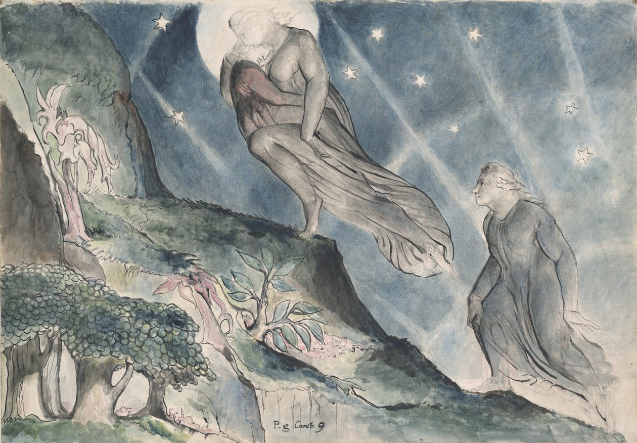 Lucia bærer Dante i søvne, illustration til den guddommelige komedie af Dante Alighieri, 1824-27 (pen & blæk med wc over blyant og kridt på papir) af William Blake